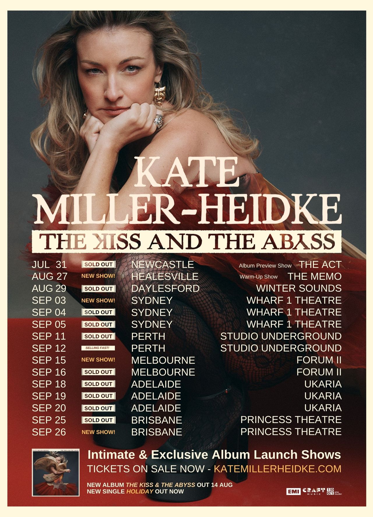 Tour poster for Kate Miller-Heidke's The Kiss and The Abyss album launch tour with Australian dates including Sydney, Melbourne, and Brisbane.